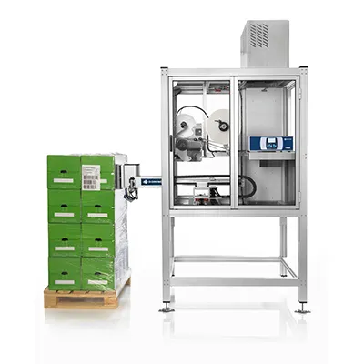 Aluminium cabinet around Domino M230i-P150 pallet labeller