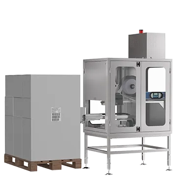 Stainless steel cabinet around Domino M230i-P150 pallet labeller 