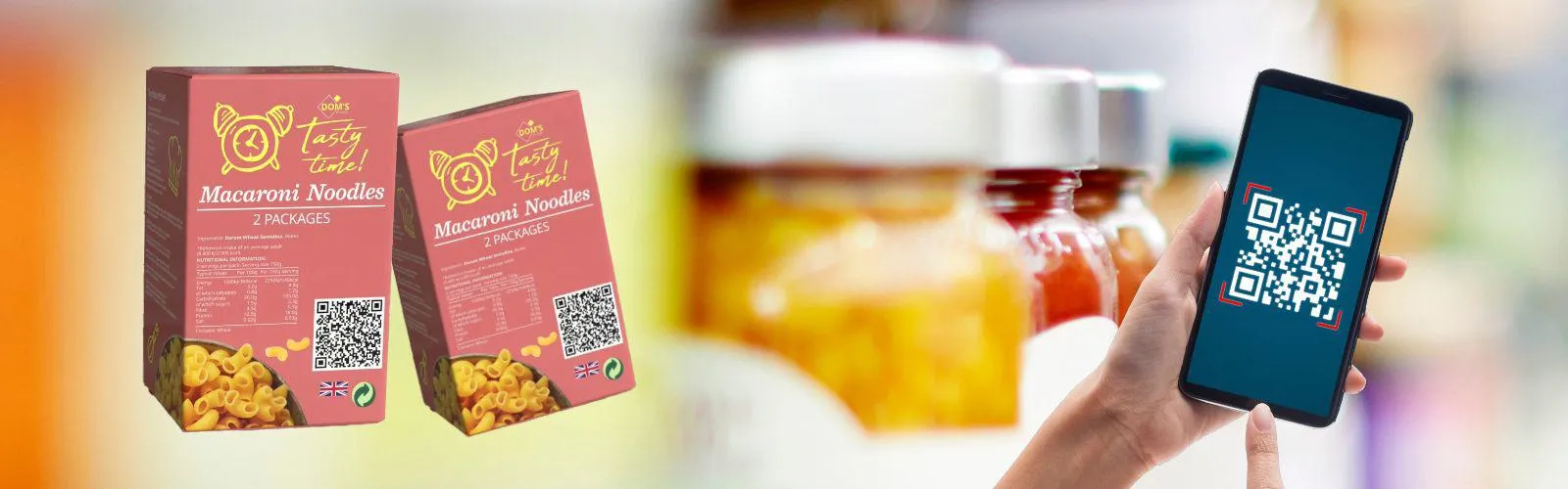 Bannerafbeelding met visualisatie van 2D‑codes en productverpakkingen voor QR Code powered by GS1