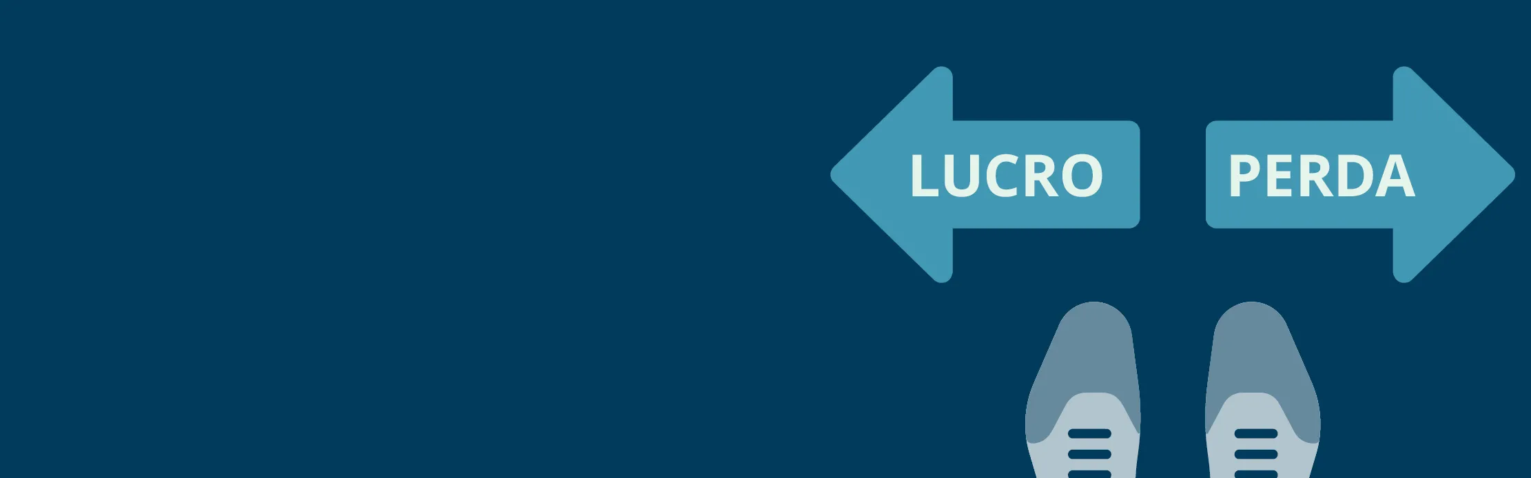 Um par de sapatos em frente a duas setas que apontam em sentidos opostos, representando lucro e prejuízo