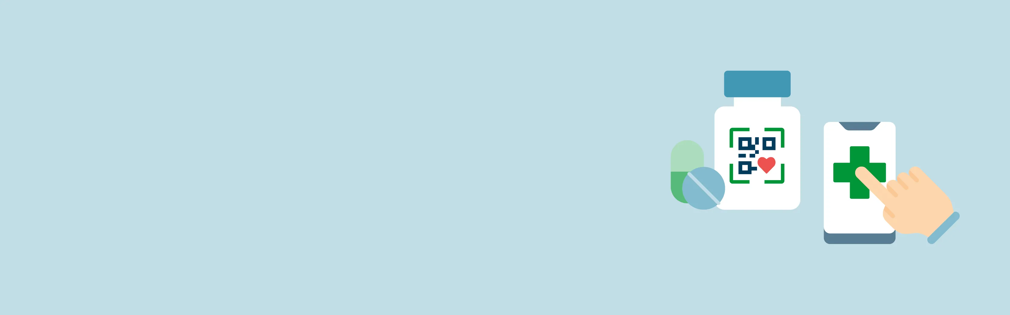 Stylised art banner showing medicine bottle with with QR code on and a medical sign with finger pointing to it