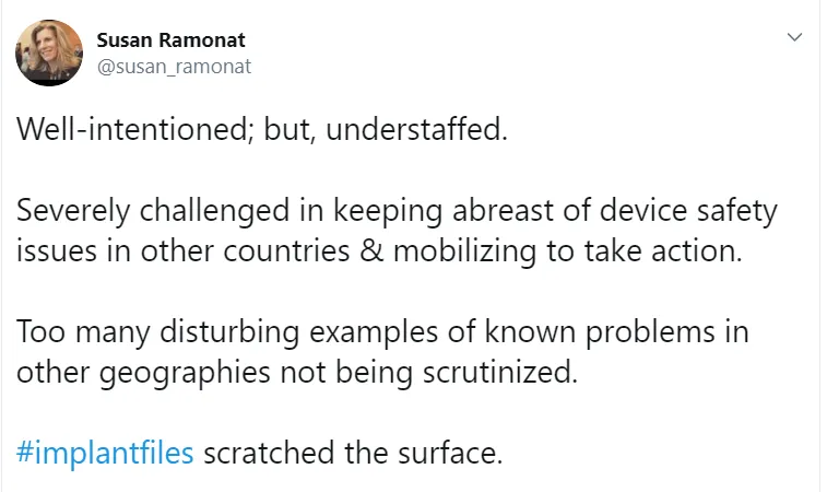 Tweeter post of Susan Ramonat  regarding the EU MDR