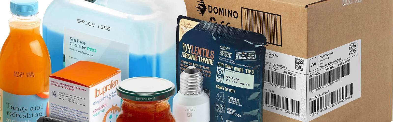 a wide range of coded products from bottles, cans, light bulbs, and cardboard boxes