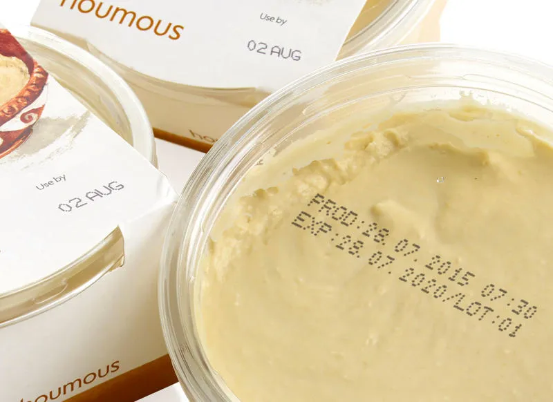 Continuous Inkjet Code printed onto houmous lid