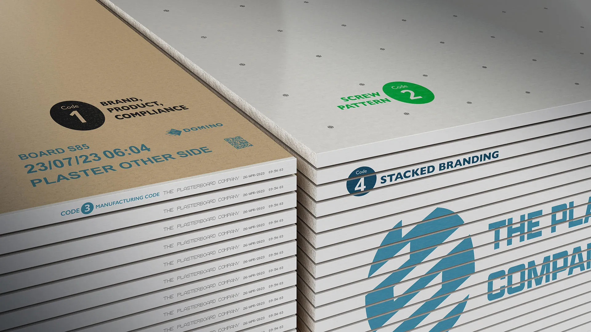 QR code and company branding printed on a pile of gypsum boards