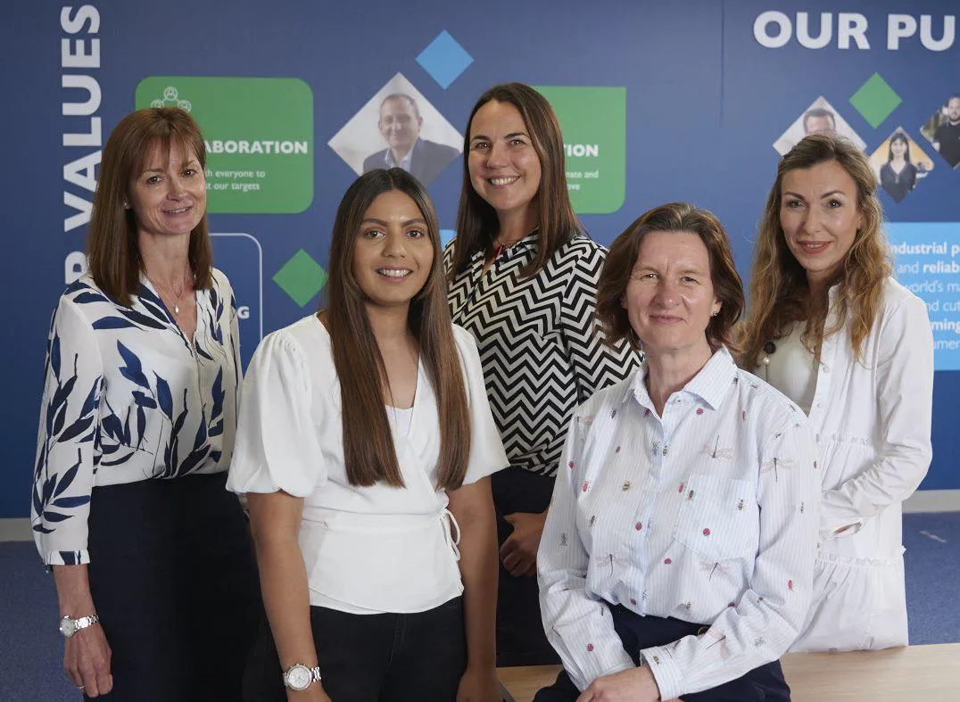 Domino celebrates International Women in Engineering Day, left to right: Rachel Hurst, Mariam Khalfey, Josie Harries, Susan Palmer and Natasha Jeremic.