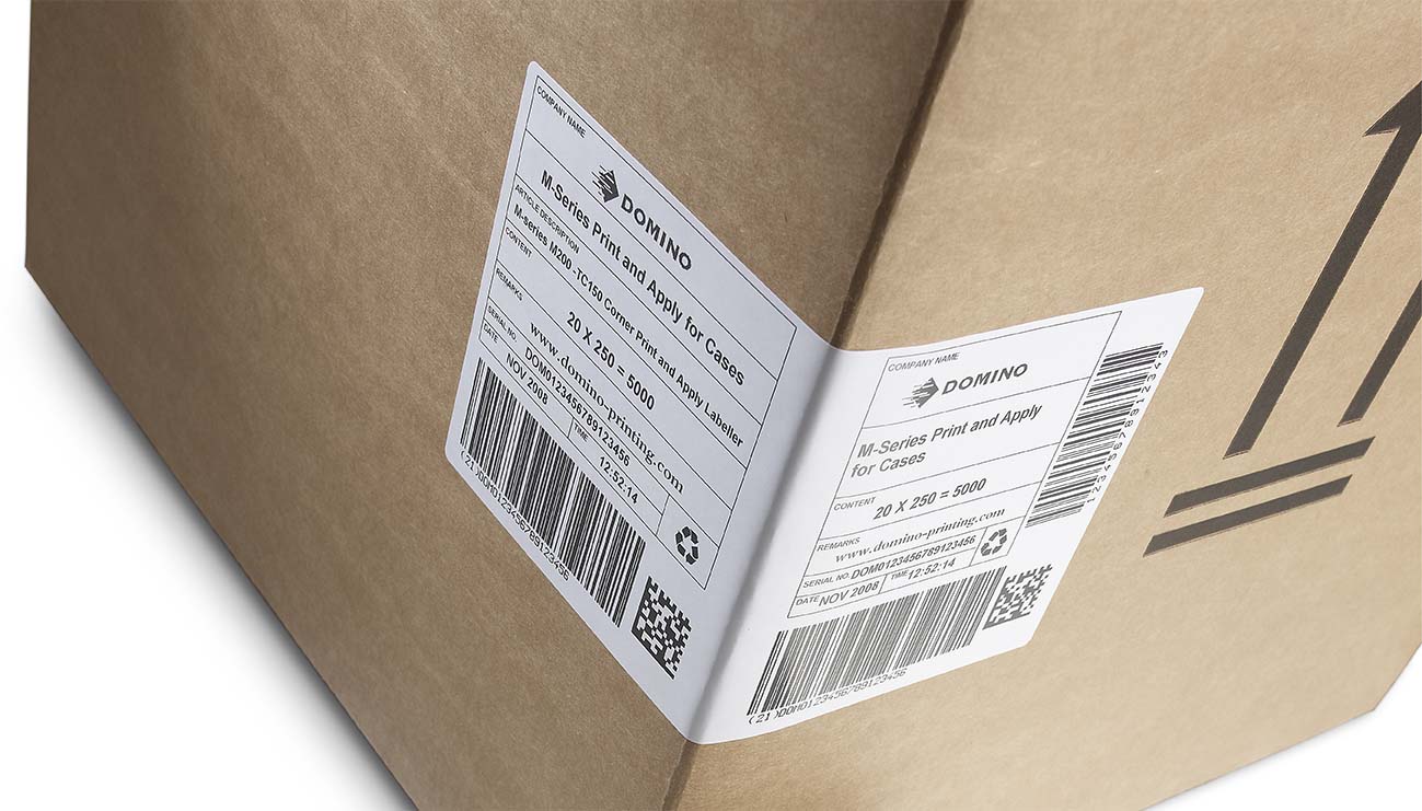 Domino M230i-CW100 Corner Wrap Labeler Label on Box