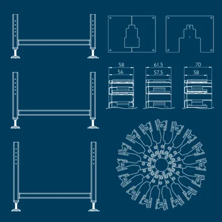 Technical drawing of the Domino Coding Station for Track and Trace's configurable Coding Wheel, Guard Spacing and Supporting Frame. Our Cigarette Pack Coding Station is sized via customer needs.